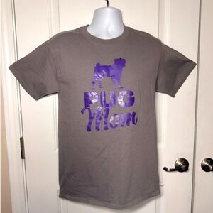 Pug Mom Graphic T Shirt Gray Purple Print Short Sleeve Women's Medium